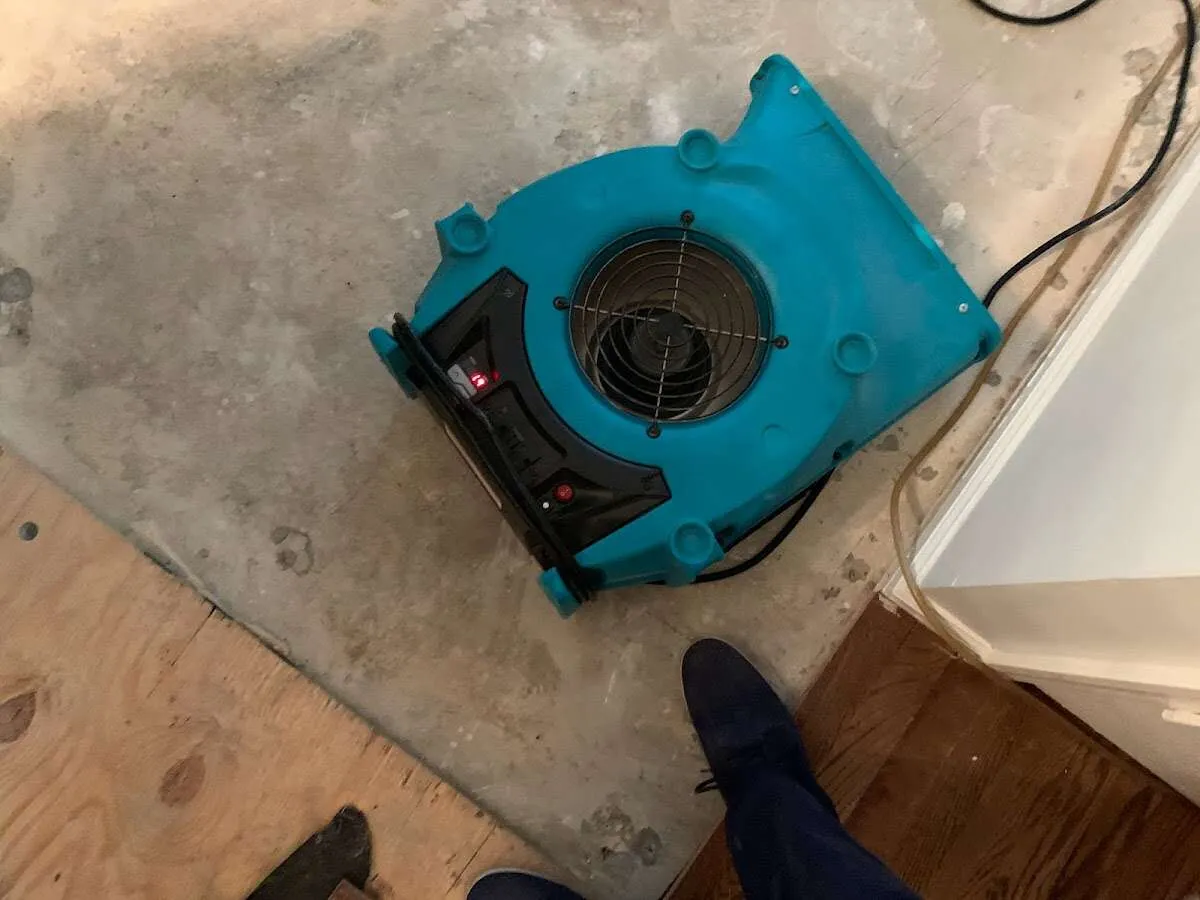 Air mover drying subfloor during Leak Detection & Repair in La Crescent